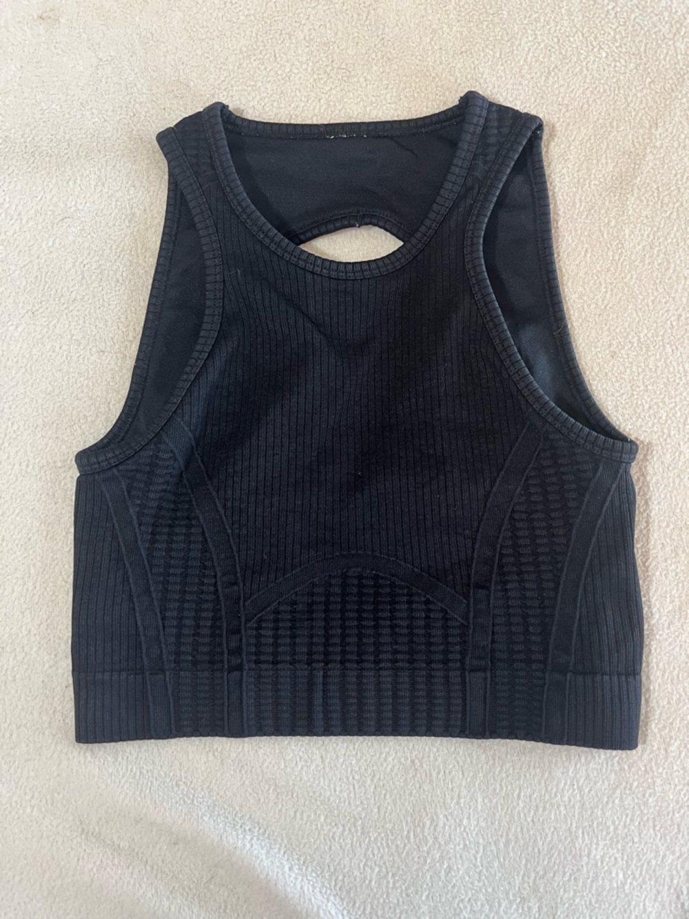 Fabletics Black Ribbed High-Neck Cropped Sports Tank